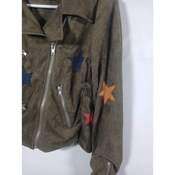 Olivaceous Olive Green Faux Suede Star Moto Jacket Size L EUC Zip Pockets Edgy - Picture 4 of 10